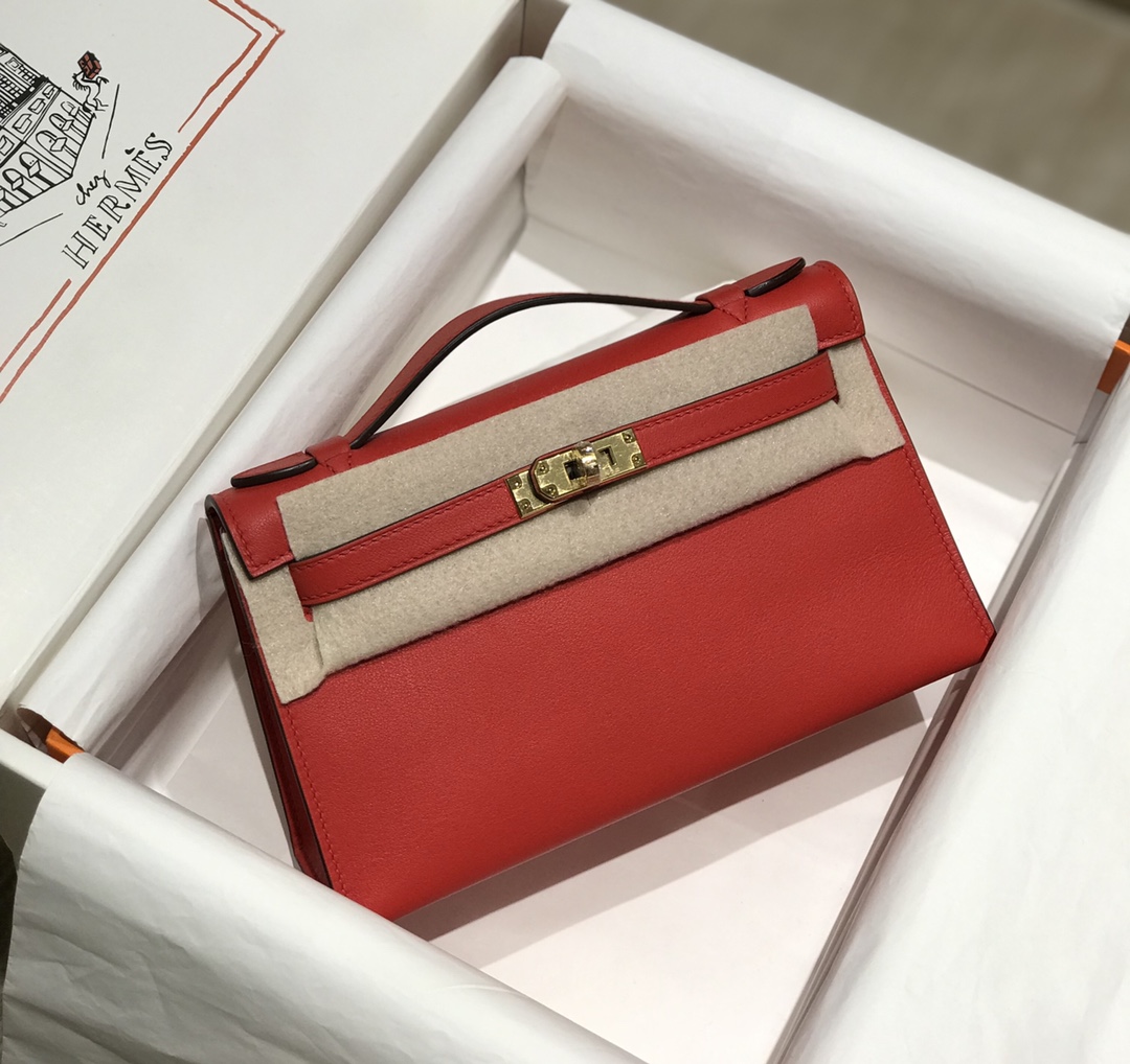 Hermes Mini Kelly Pochette 22cm Bag In Red Swift Leather